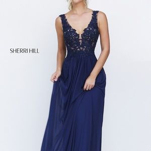 Sherri Hill Long V-Neck Embroidered Bodice Dress